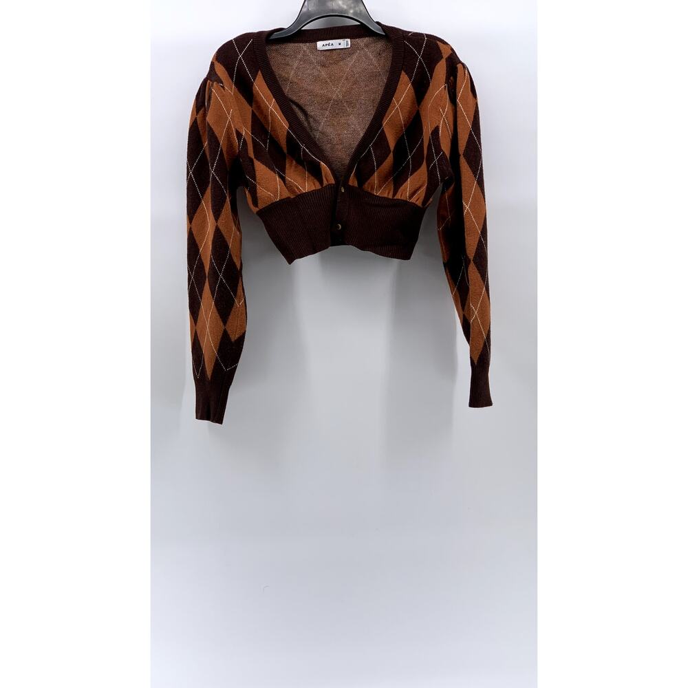 APEA Women's Brown-Orange Plaid Puff Long Sleeve Cropped Cardigan SZ M